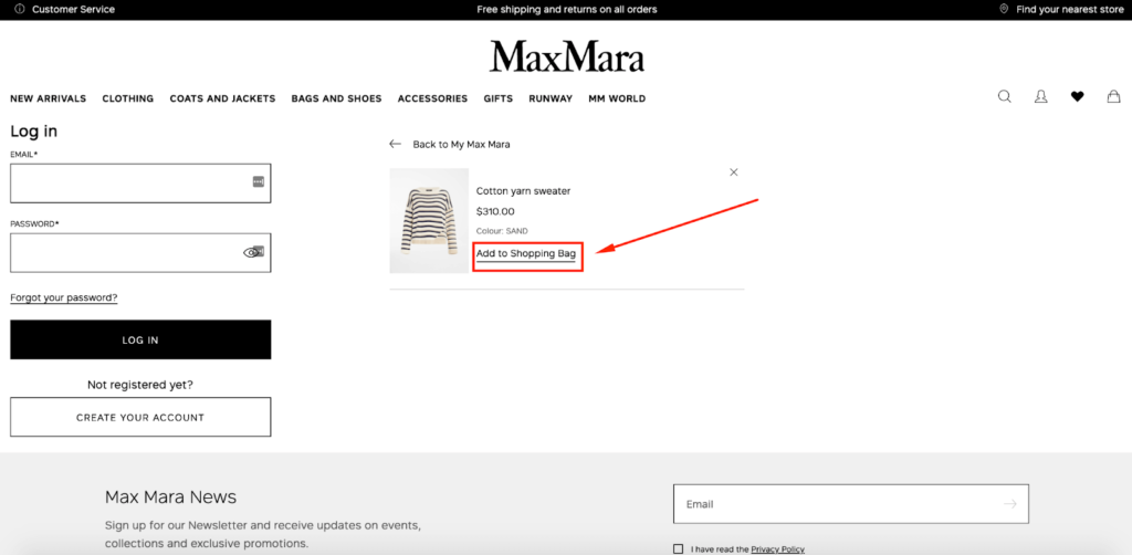 Max Mara Add to Shopping Bag E-Commerce Wishlist Example