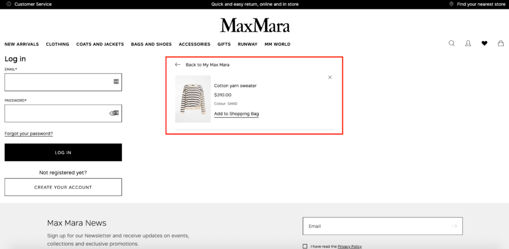 Max Mara Back to Shopping E-Commerce Wishlist Example