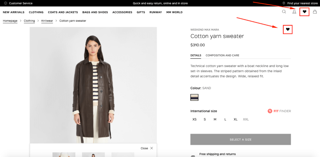 Max Mara Heart Icon E-Commerce Wishlist Example