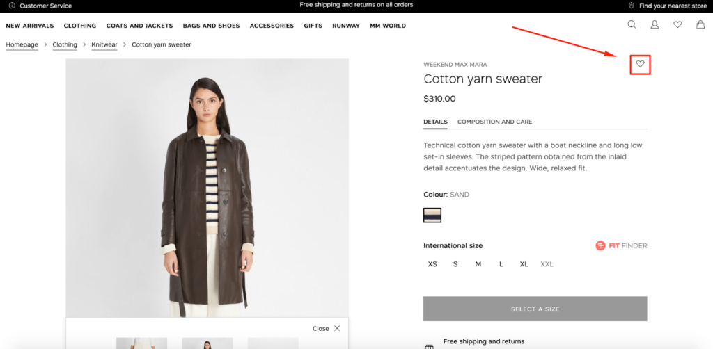 Max Mara Product Page E-Commerce Wishlist Example