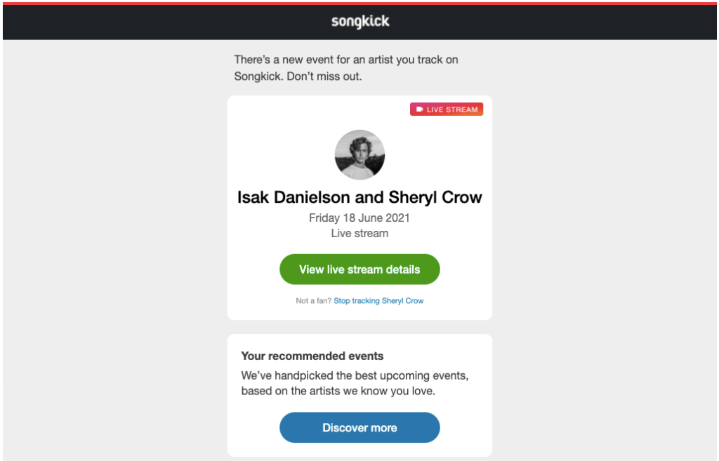 Songkick Mobile-Friendly Email Example 2