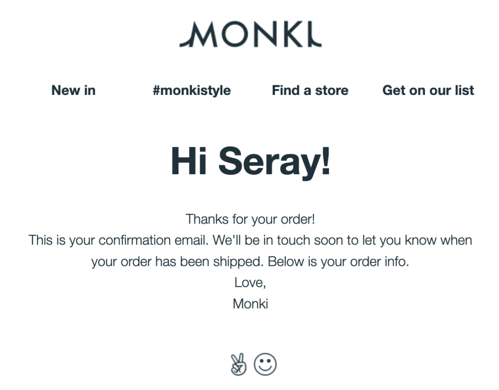 Monki Order Confirmation Email 2