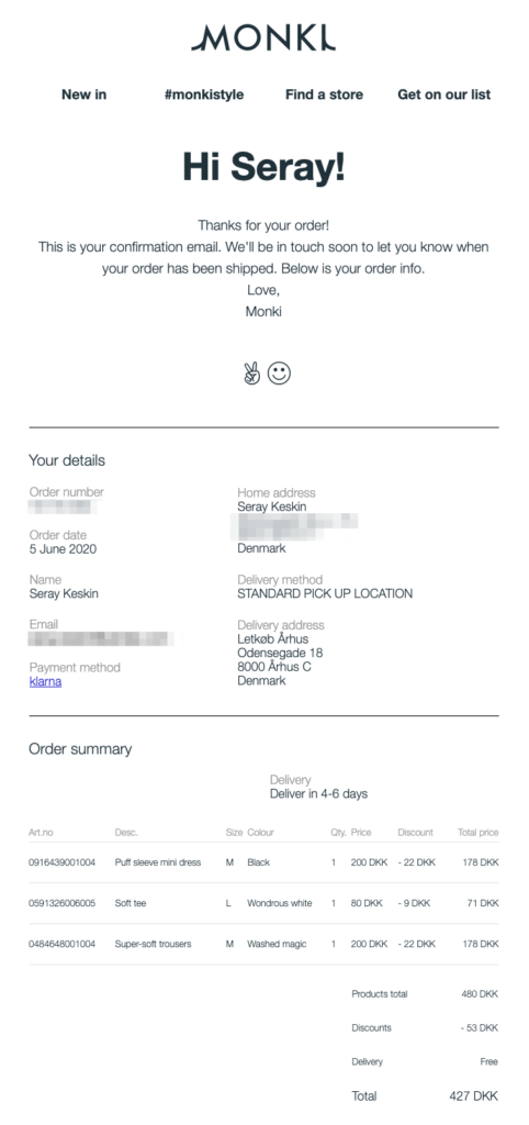 Monki Order Confirmation Email