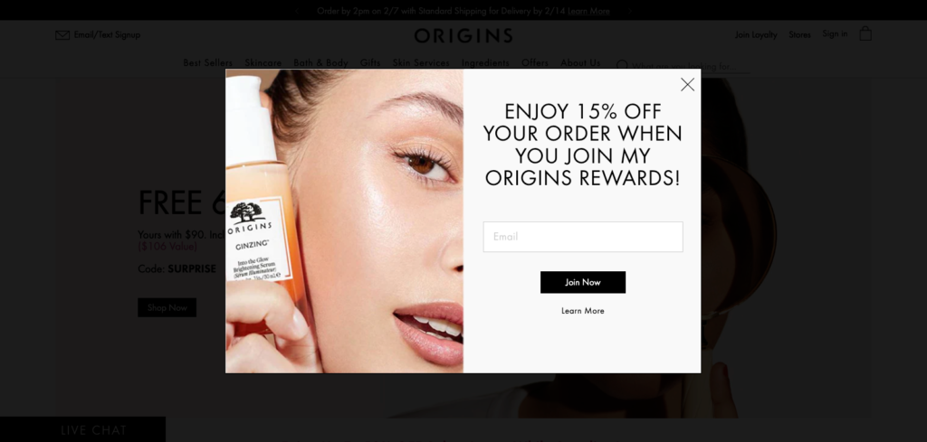 Origins Website Popup