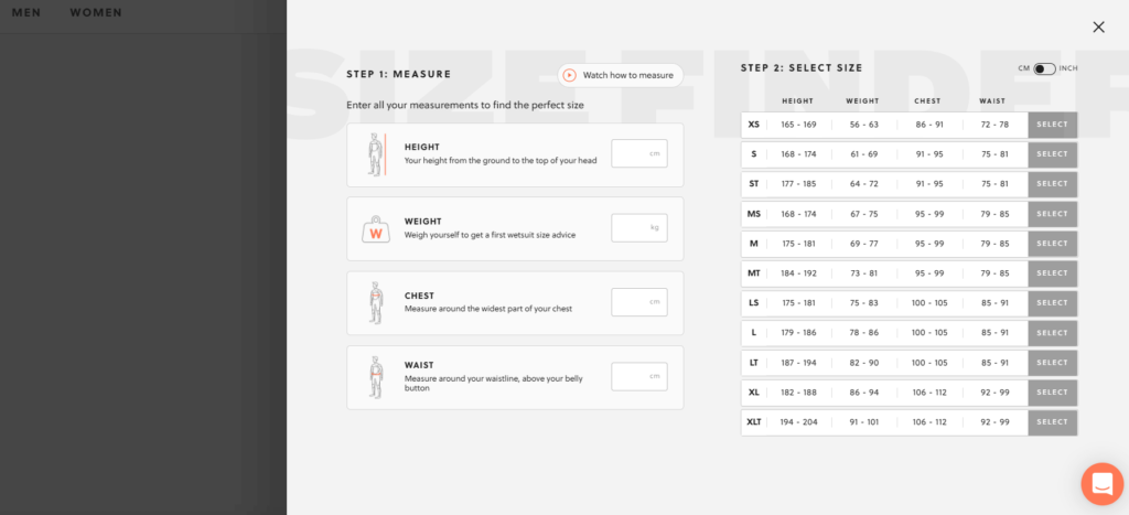 SRFACE Interactive Size Guide