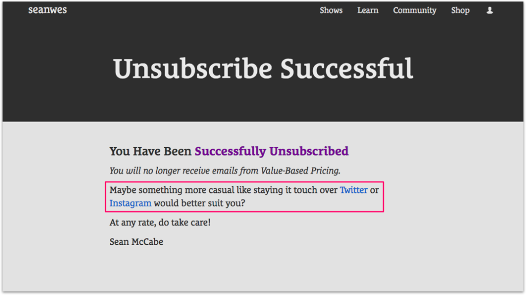 Sean McCabe Unsubscribe Page