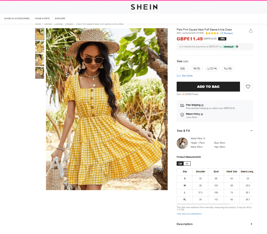 Shein Product Page