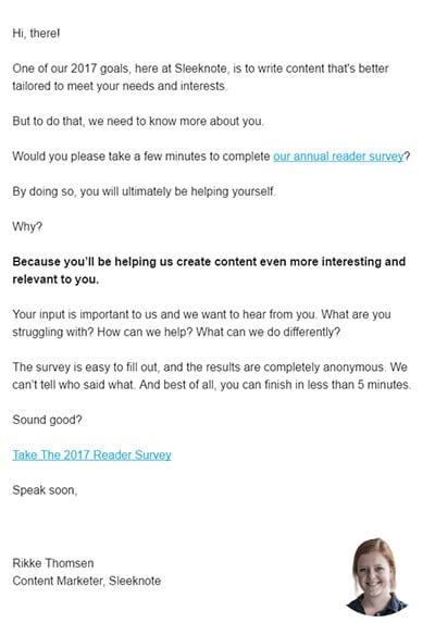 Sleeknote Annual Reader Survey Email