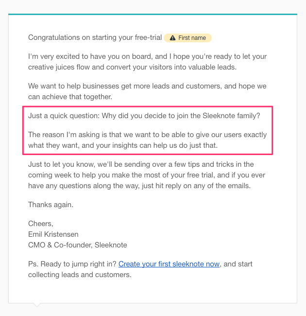 Sleeknote Onboarding Email