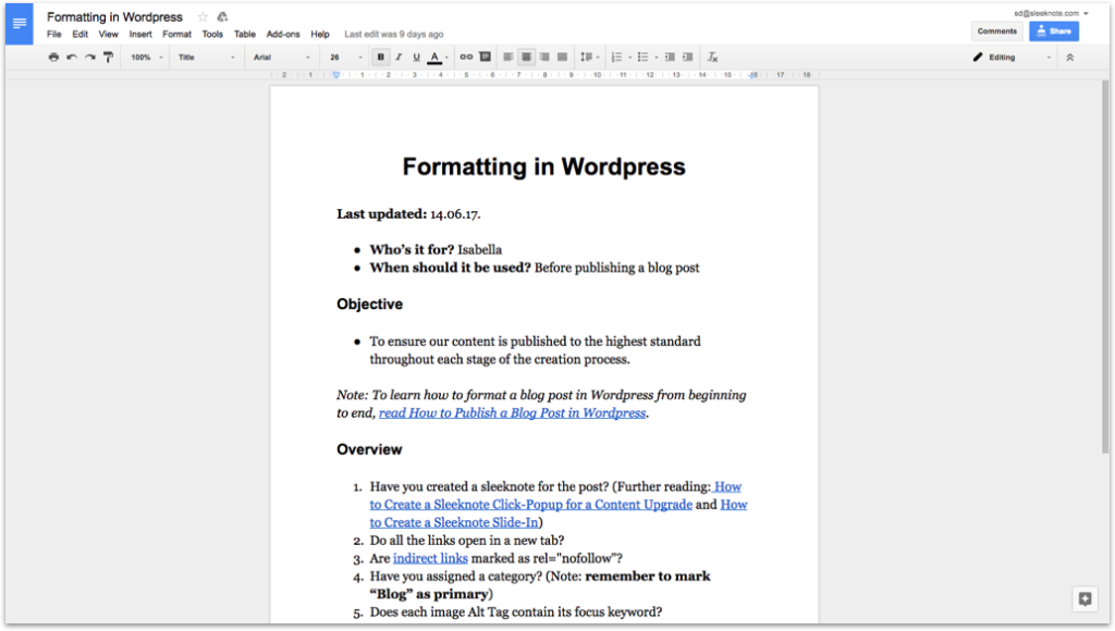 Sleeknote SOP for How to Format a Blog Post in WordPress