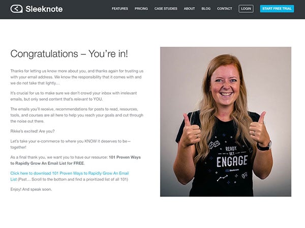 Sleeknote Thank You Page E-Commerce