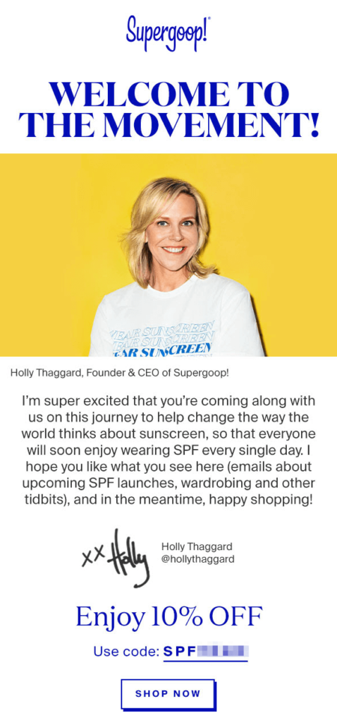 Supergoop Welcome Email from CEO