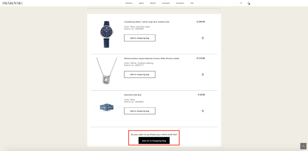 Swarovski Add All to Shopping Bag E-Commerce Wishlist Example