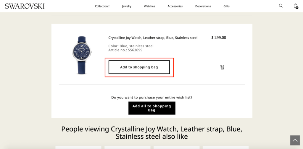 Swarovski Add to Bag Button E-Commerce Wishlist Example