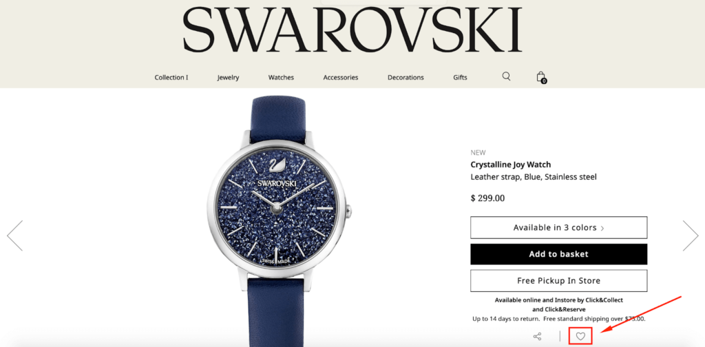 Swarovski Favorited Button E-Commerce Wishlist Example