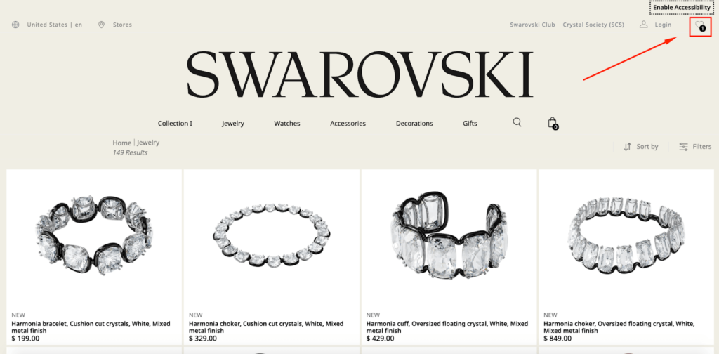 Swarovski Product Listing Page E-Commerce Wishlist Example