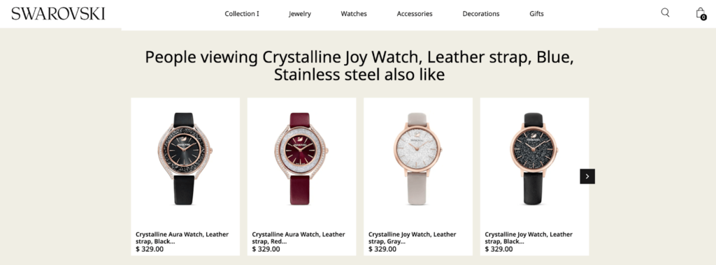 Swarovski Product Recommendations E-Commerce Wishlist Example