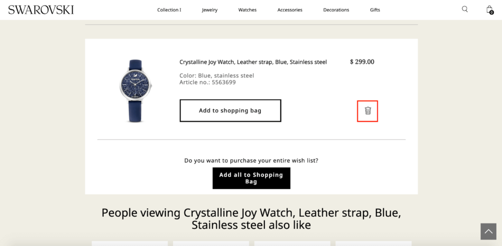 Swarovski Remove from Favorites E-Commerce Wishlist Example