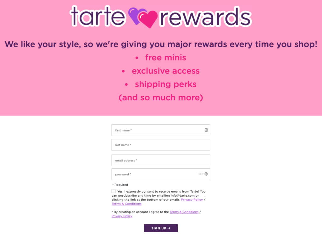 Tarte Rewards Landing Page