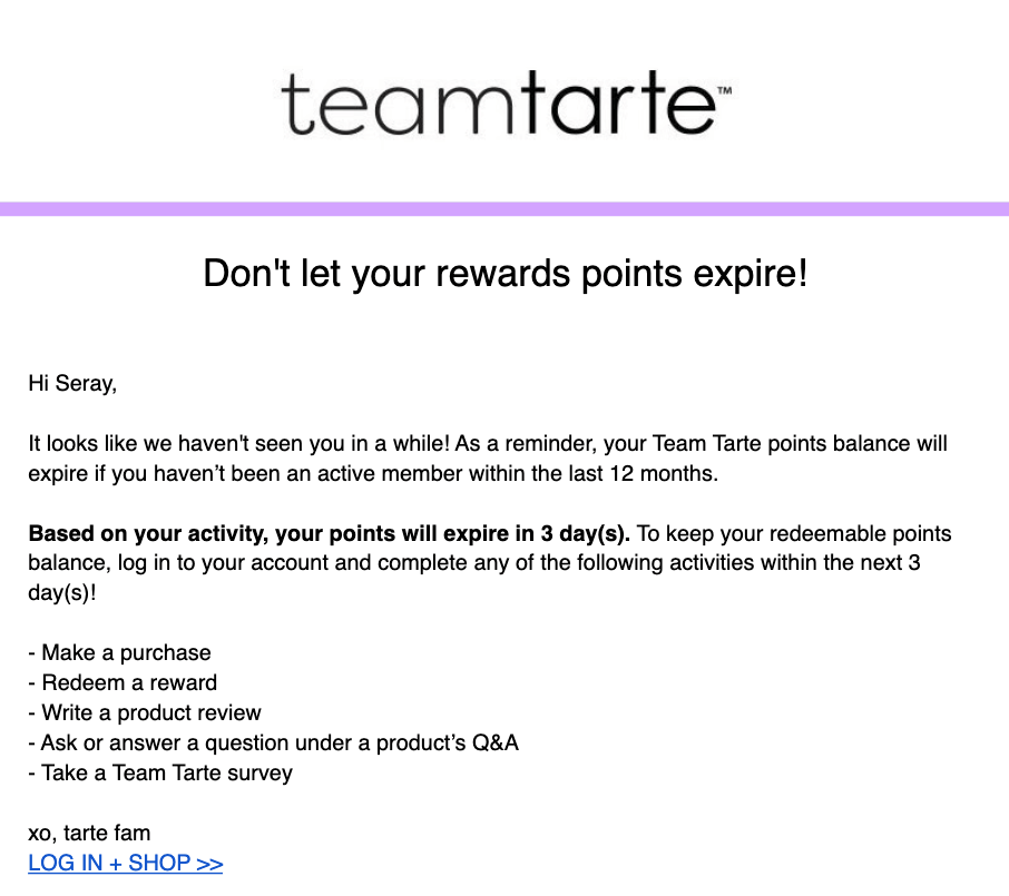 Team Tarte Rewards Expiration Email