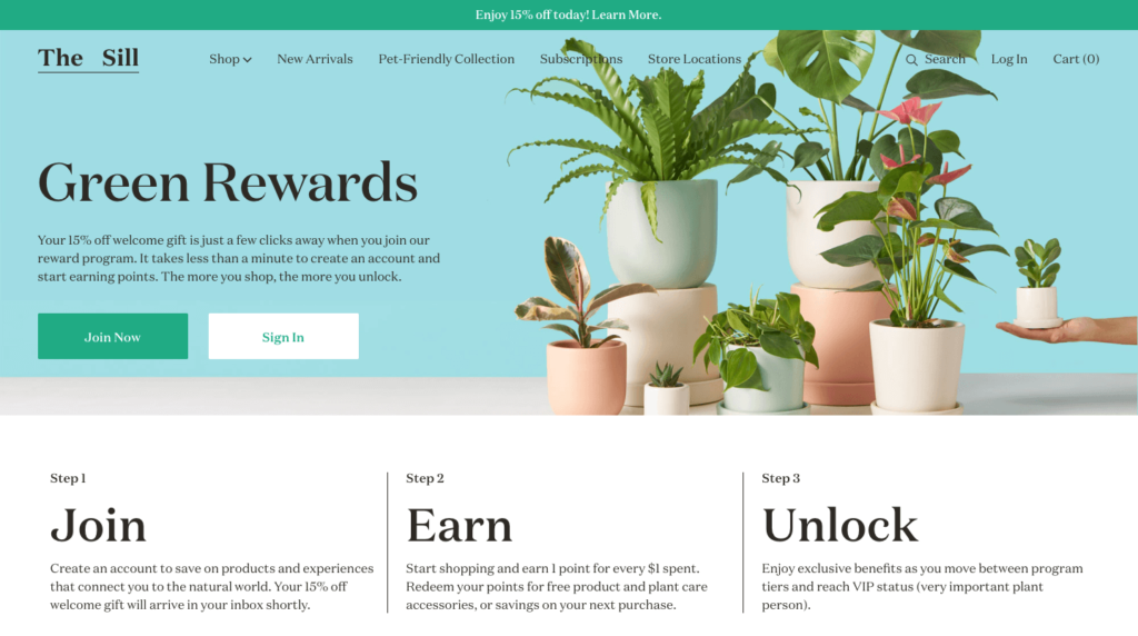 The Sill Green Rewards Landing Page