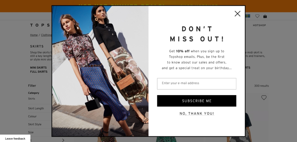 Topshop Popup Example