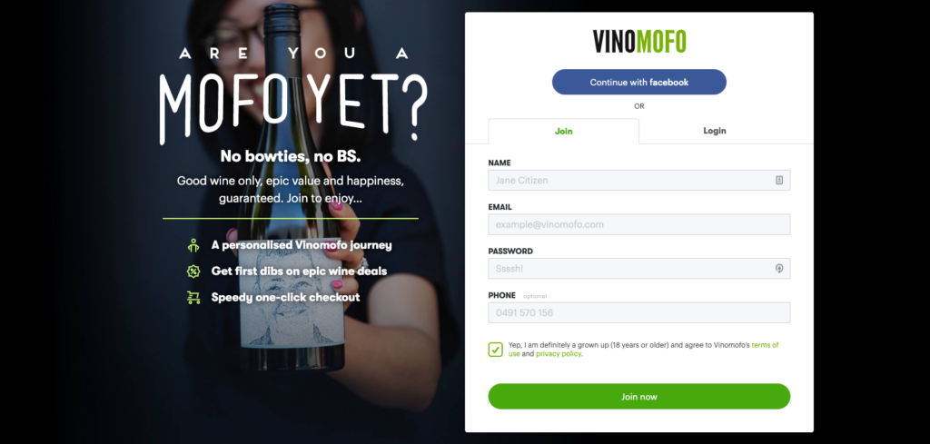 Vinomofo Landing Page