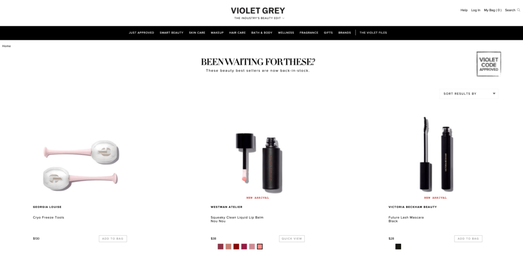 Violet Grey Back-in-Stock Products Landing Page