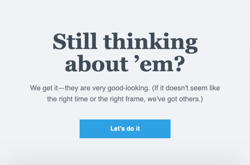 Warby Parker abandoned cart email body with a headline question and a single call to action to complete checkout