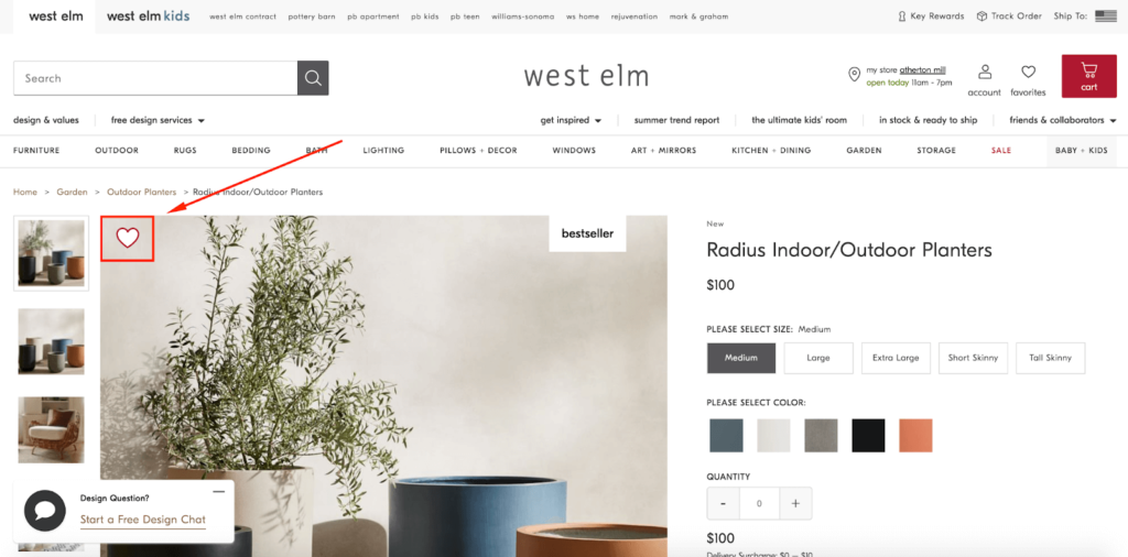 West Elm Favorite CTA Button E-Commerce Wishlist Example