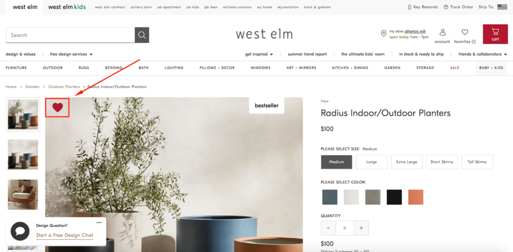 West Elm Favorited on Product Page E-Commerce Wishlist Example