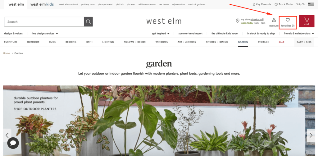 West Elm Favorites E-Commerce Wishlist Example