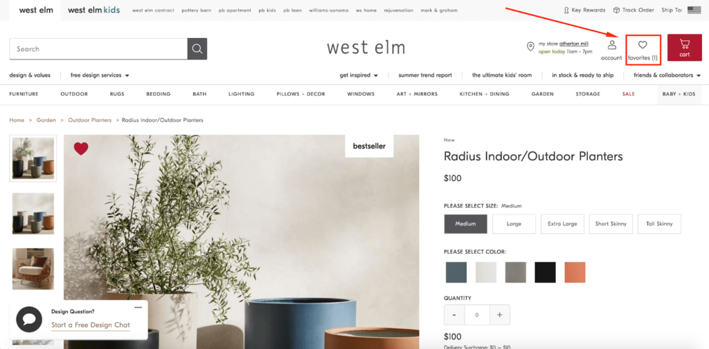West Elm Favorites Navigation E-Commerce Wishlist Example