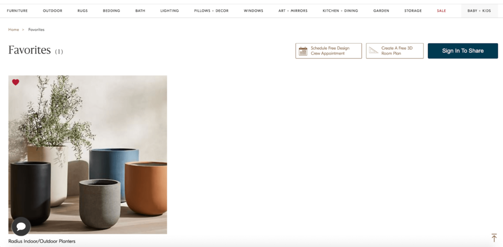 West Elm Favorites Page E-Commerce Wishlist Example