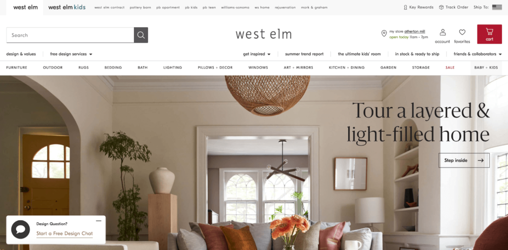 West Elm Homepage E-Commerce Wishlist Example
