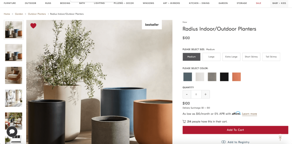 West Elm Product Page E-Commerce Wishlist Example