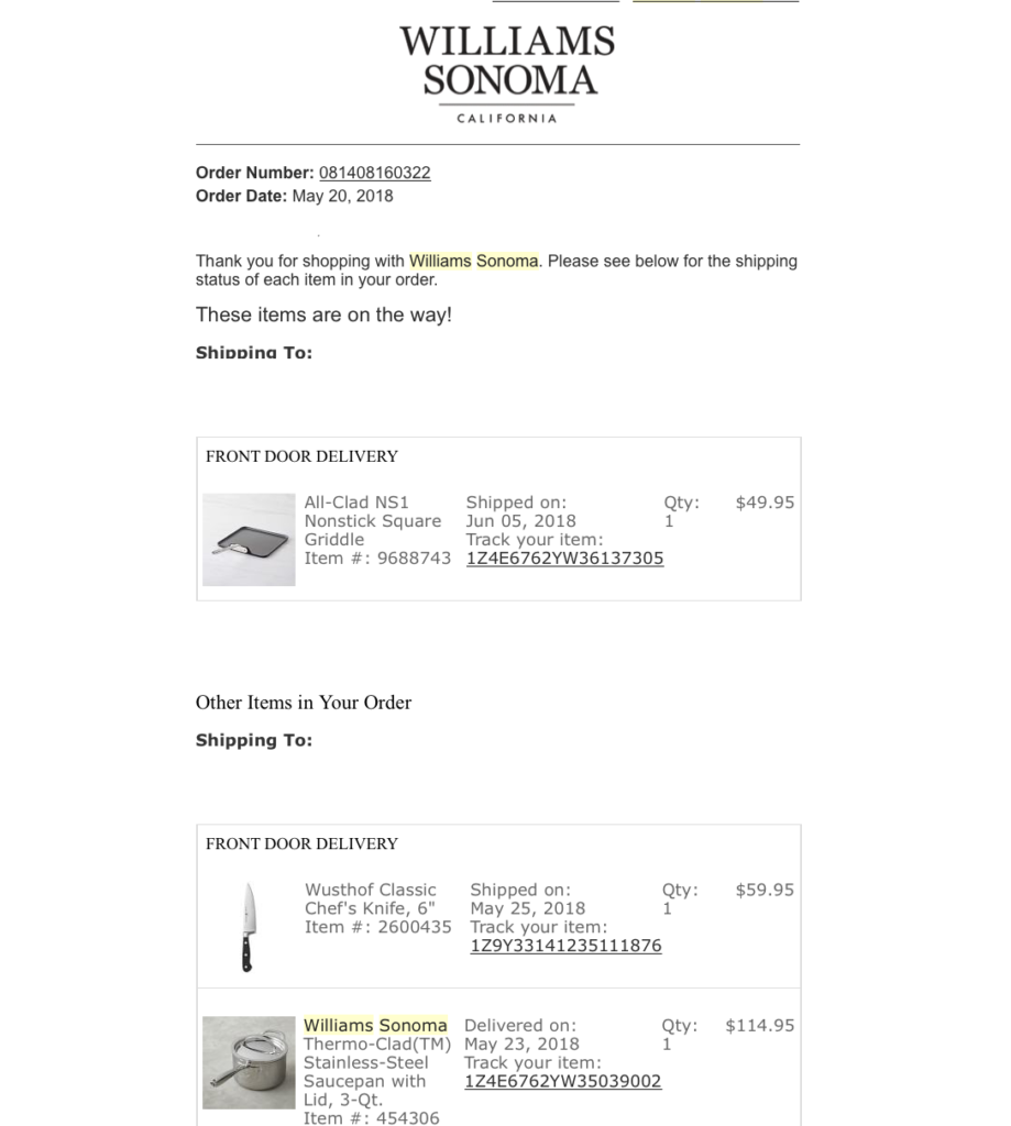 Williams Sonoma Confirmation Email