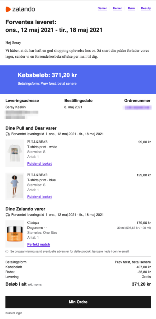 Zalando Order Confirmation Email