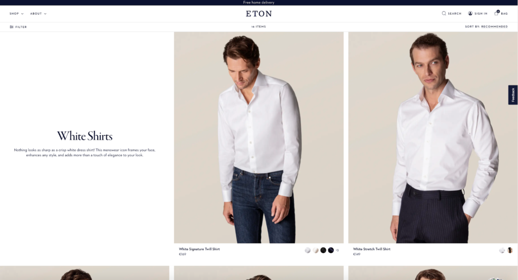 Eton Shirts E-Commerce Category Page Example 2