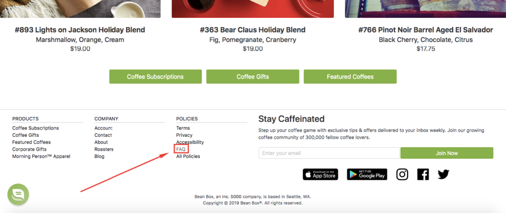 Bean Box FAQ In The Footer