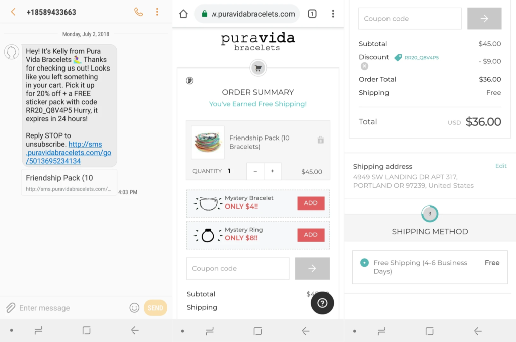 Pura Vida Bracelets Cart Abandonment SMS