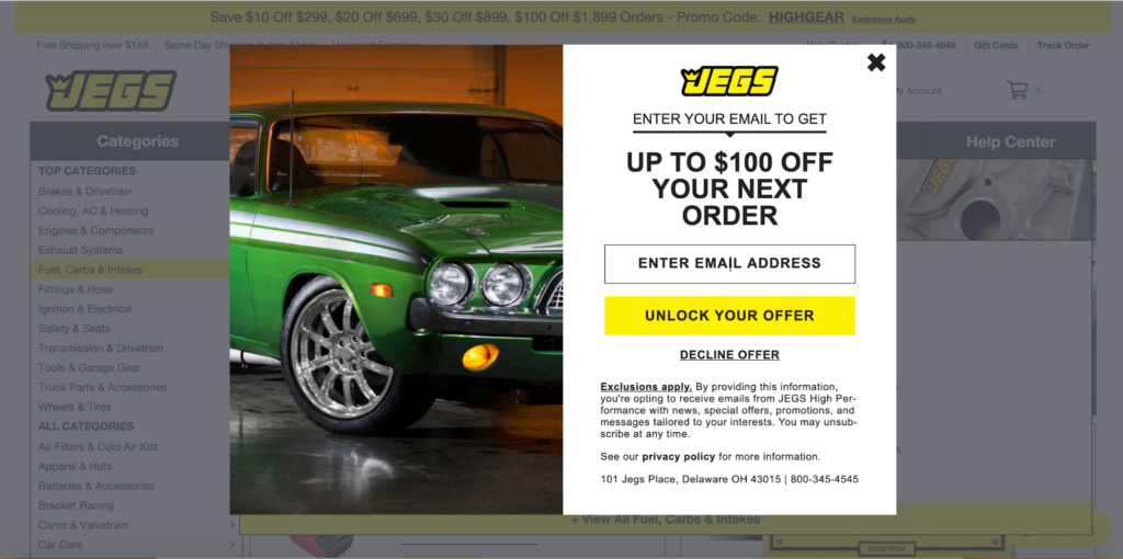 JEGS High-Performance Parts Popup