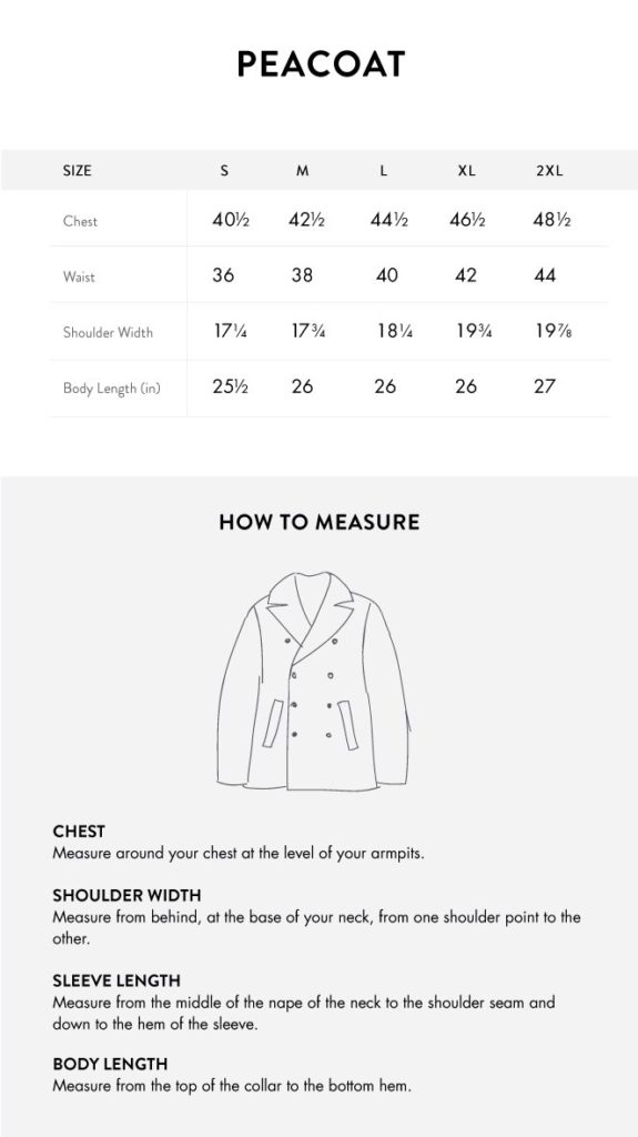 Peacoat Size Chart