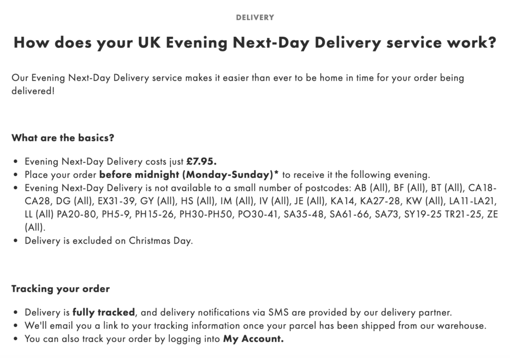 Delivery Information Page In Asos