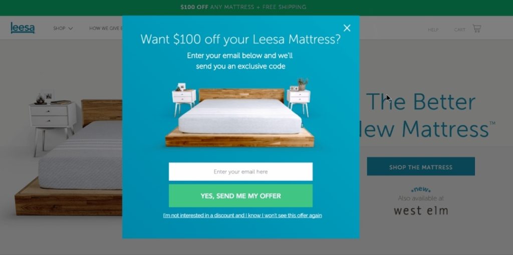 Leesa Cart Abandonment Popup