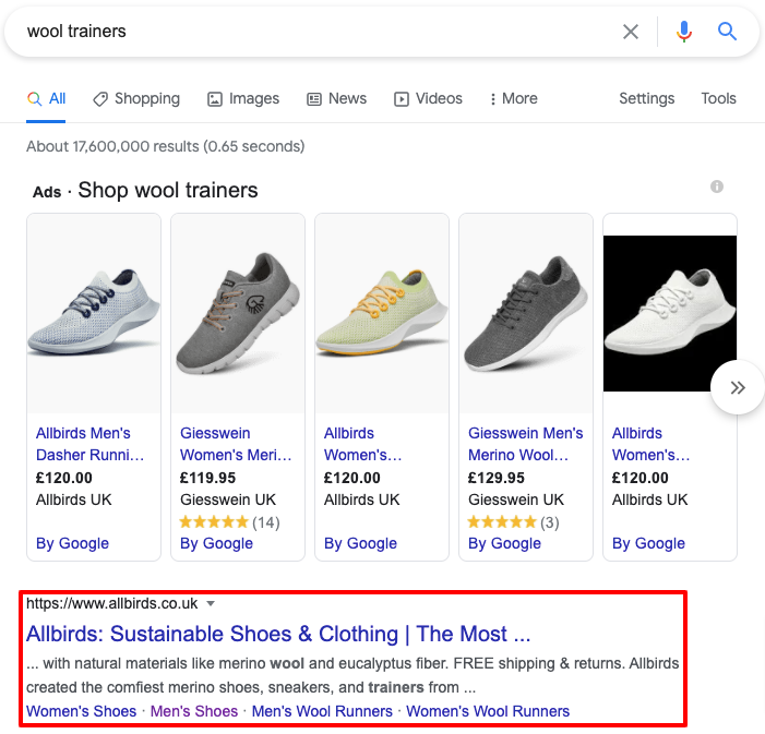 Allbirds In the SERPs