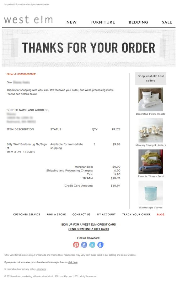 West Elm Thanks For Your Order