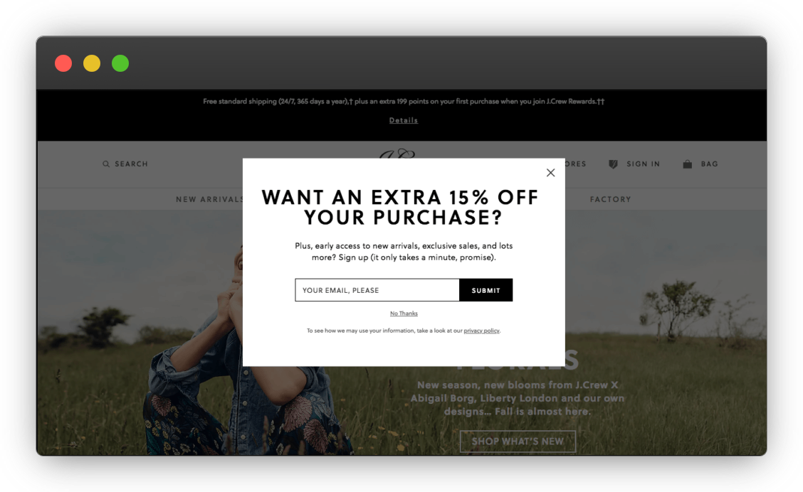 J Crew Popup Reduce Ecommerce Bounce Rate