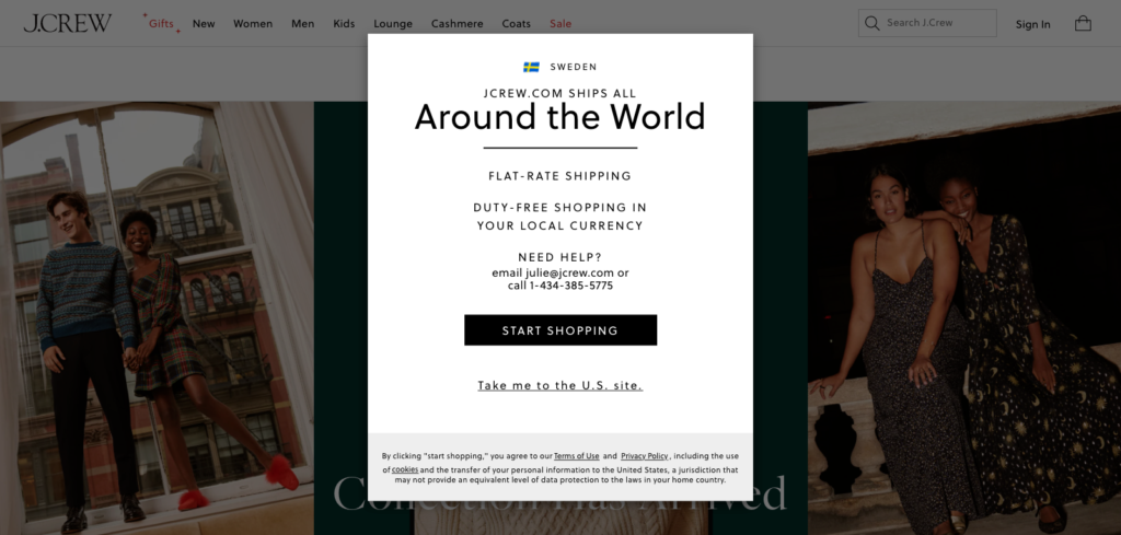 J. Crew Localization Pop up Call to Action (CTA) Examples