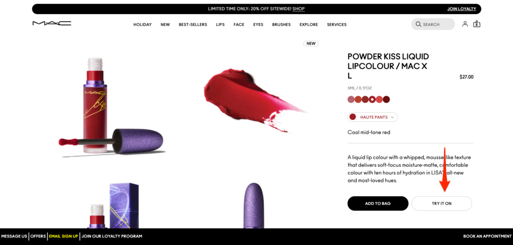 MAC Cosmetics AR Try it On Call to Action (CTA) Examples
